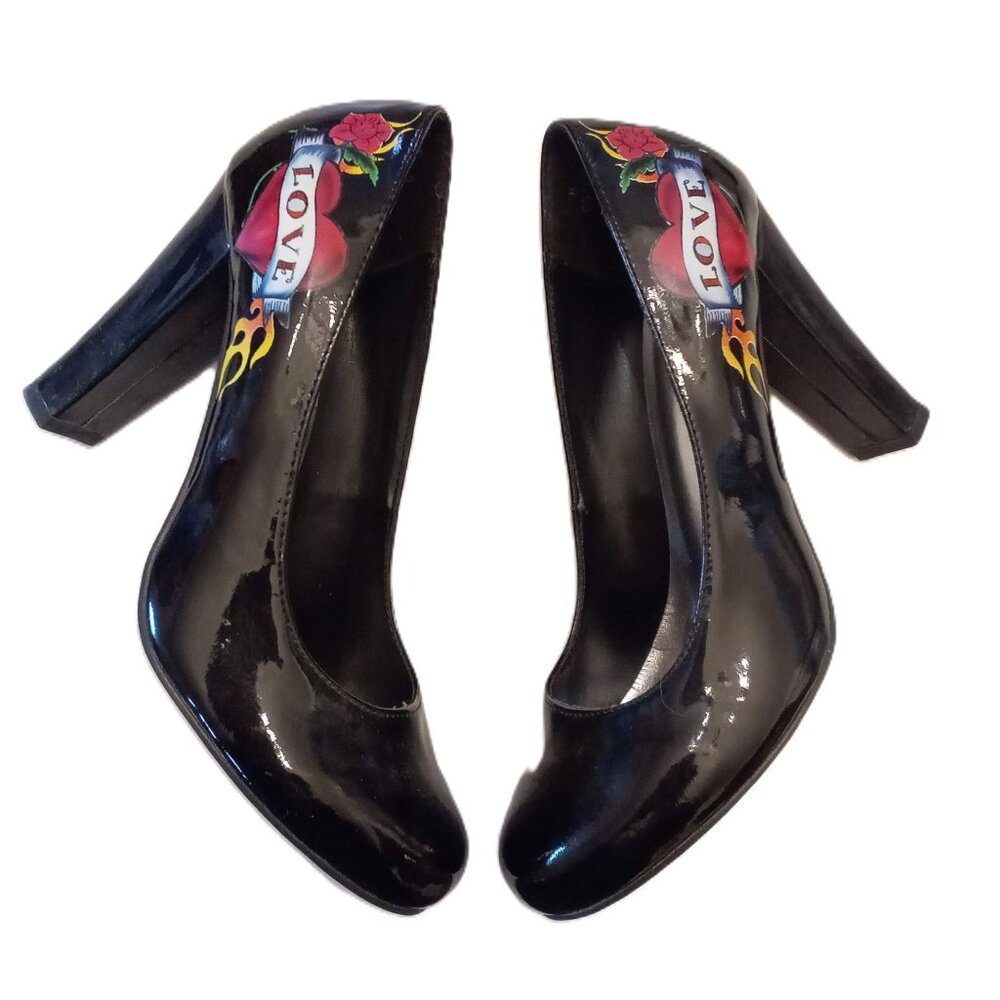 Maurices Black LOVE Tatoo High Heels size 8 Shoes Faux Patent Leather Pumps